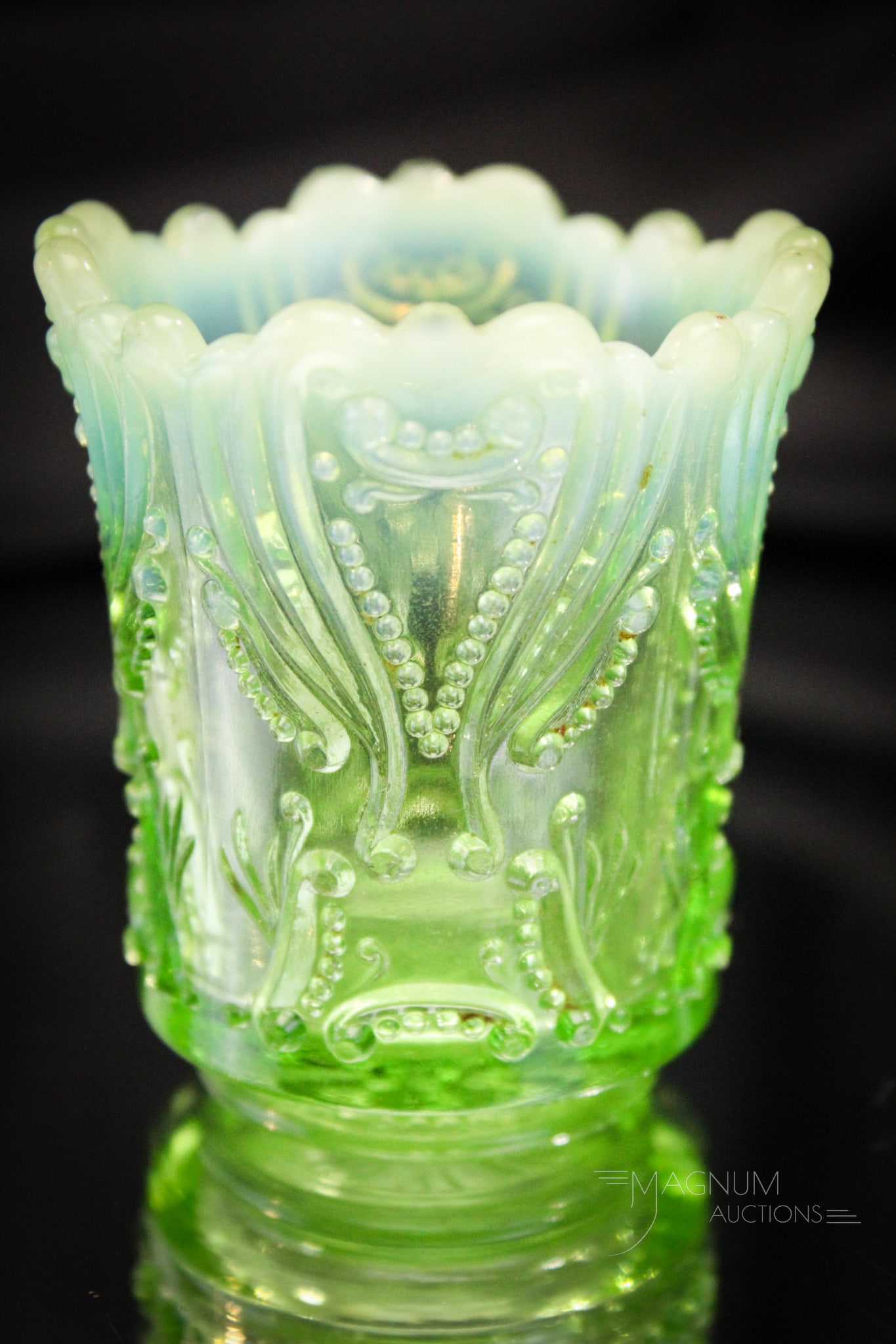 Jefferson Green Opalescent Idyll Victorian Toothpick Holder: Great green opalescent Jefferson Idyll pattern Victorian toothpick holder. Another nice and seldom seen tootpick. This one with super color and opal. It measures 2 1/2" tall. Provenance: This item is
