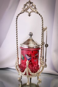 Tufts Victorian Silverplate Cranberry Enameled Pickle Castor