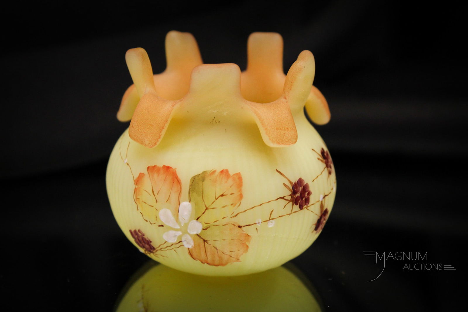 Mt. Washington Unfired Burmese Flat Fingers Toothpick Holder: Beautiful example of a Mt. Washington glass unfired burmese Fine Rib pattern decorated toothpick holder. This one with flat fingered top rim. Very nice leaf and berry decoration around. Toothpick meas