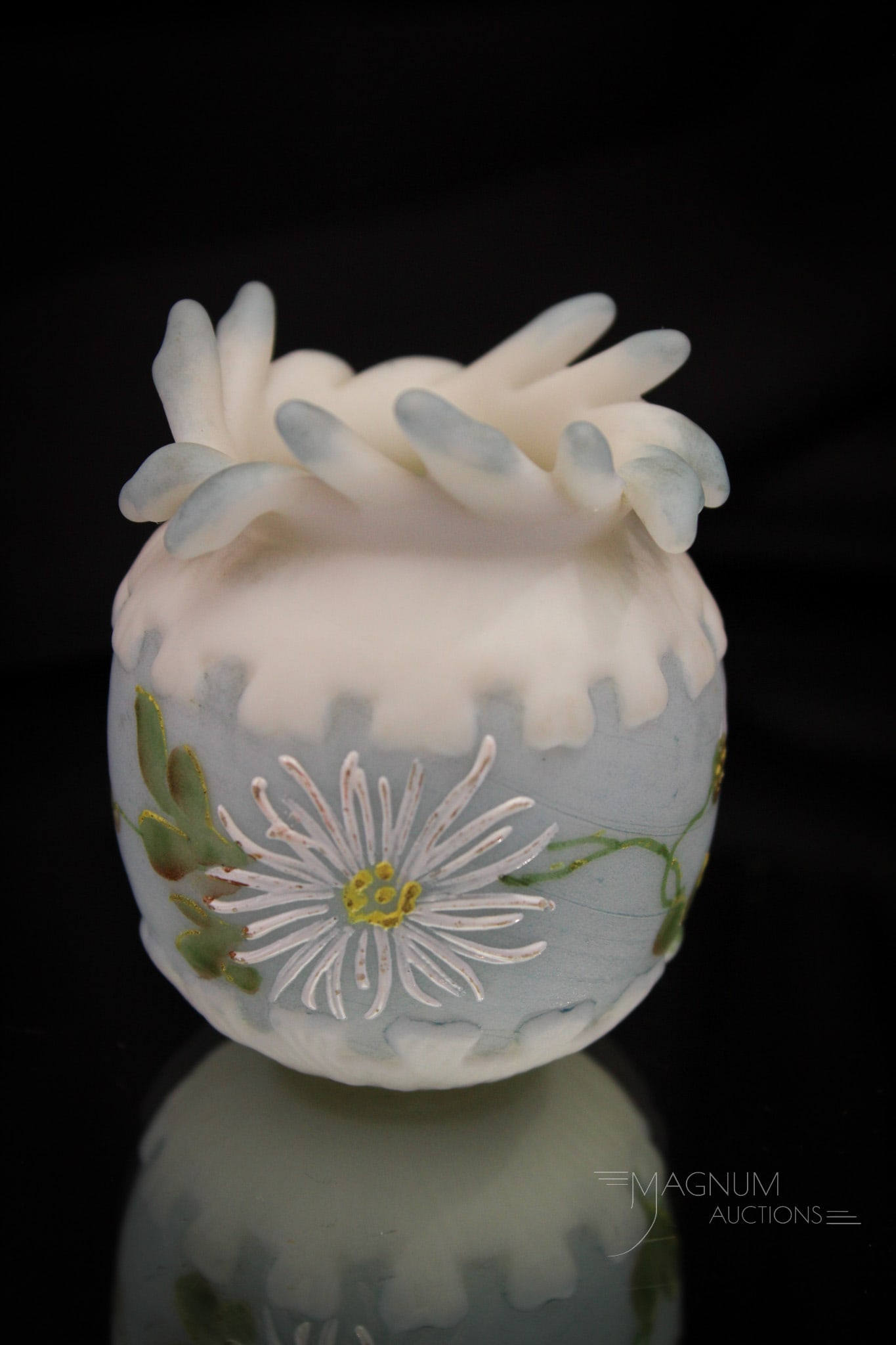 Mt. Washington Victorian Glass Parallel Greek Key Fingers Toothpick Holder: A wonderful example of this Mt. Washington Victorian toothpick holder. This one is the Parallel Greek Key pattern in lusterless decorated. Blue mid-body color and decorated with florals. A fine exampl