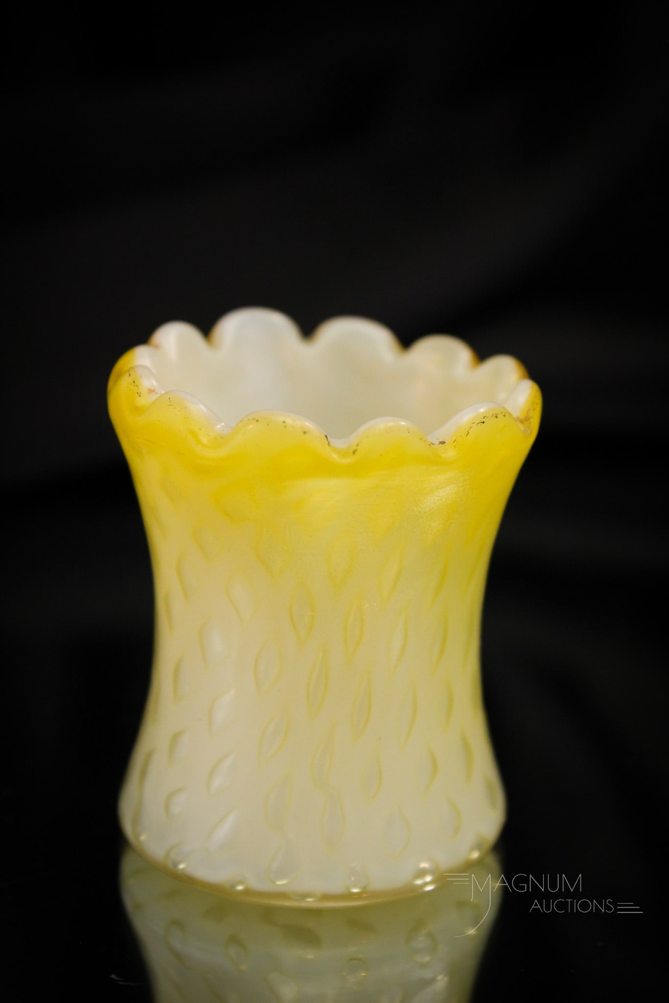 Rare Form Yellow Mother of Pearl Victorian Glass Toothpick Holder: Rare and unusual form to find. This Victorian Mother of Pearl glass toothpick is in a corset form body with dimpled top rim. Diamond quilt pattern to the glass. A rare piece for any collection! It mea