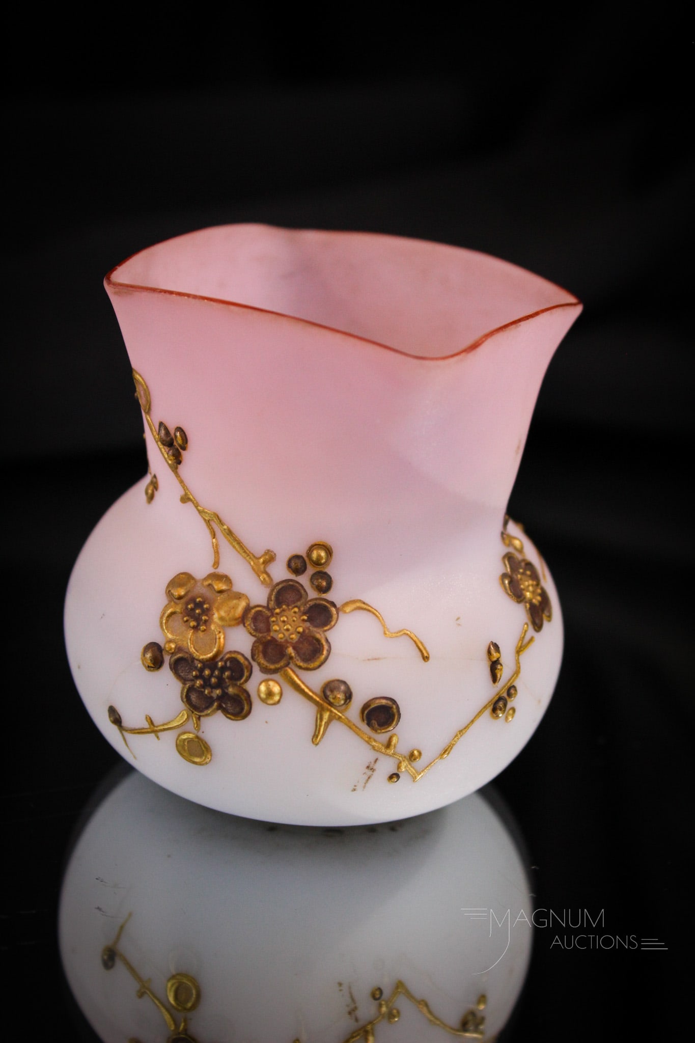 Rare Mt. Washington Peachblow Gilt Toothpick Holder: Beautiful but alas it is imperfect. This rare find in Mt. Washington glass peachblow with gilt decoration has a fracture to the body when examined closely. Nonetheless, a wonderful find and nice examp
