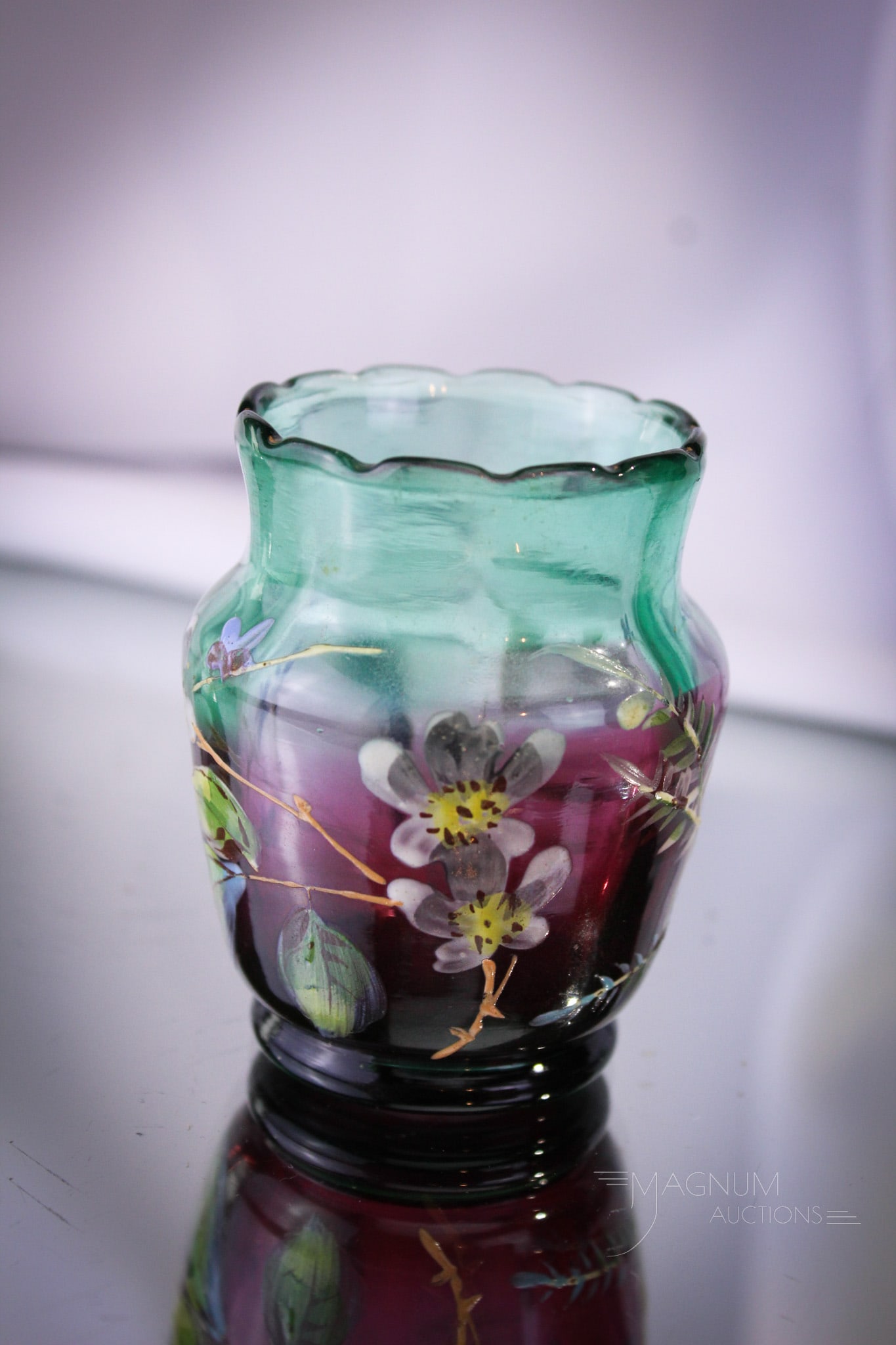 Very Rare Greenarina Enameled Victorian Glass Toothpick Holder: Very rare Greenarina ruby to green enameled and gilt decorated Victorian toothpick holder. This is a find and oh, so rare. It measures 2 1/2" tall. Provenance: This item is from the private collectio