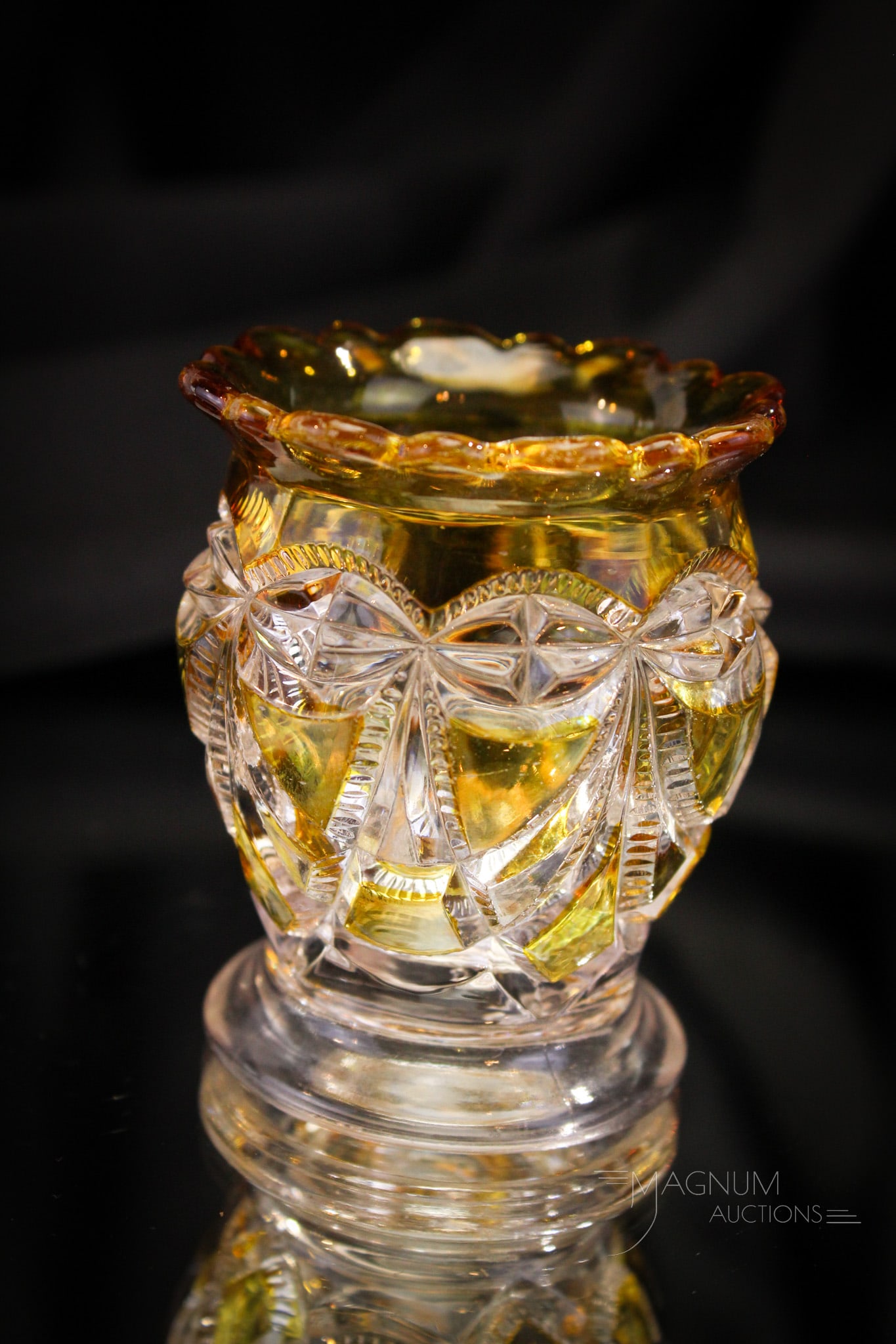 Riverisde Glass Amber Stained Victoria Toothpick Holder: Such a pretty example of a Riverside glass toothpick holder. This one with nice amber stained panels. Provenance: This item is from the private collection of Eileen Flaks. Eileen and her husband Rich