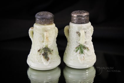 Northwood Custard Victorian Glass Maple Leaf Salt Shakers