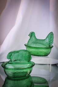 Greentown Victorian Figural Glass Rabbit & Hen Covered Animal Dishes