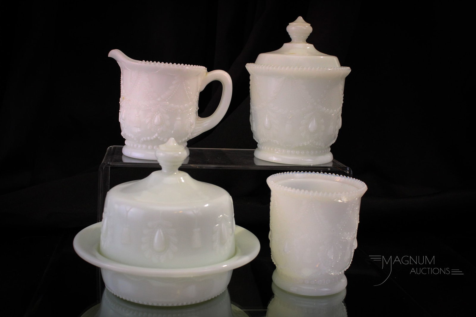 Greentown Victorian Glass Teardrop & Tassle Milk Glass Table Set: Fine example of a Greentown Teadrop and Tassle pattern Victorian table set. This set is complete. Tallest measures 5 1/2".