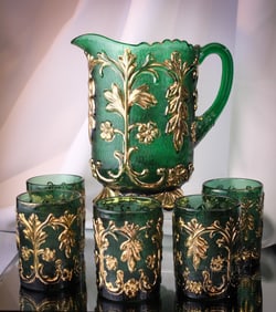 6pc Beaumont Victorian Glass Flora Gilt Water Set