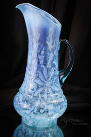Northwood Blue Opalescent Victorian Poinsettia Pitcher