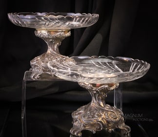 Pair Continental Glass & Silverplate Pedestal Compotes