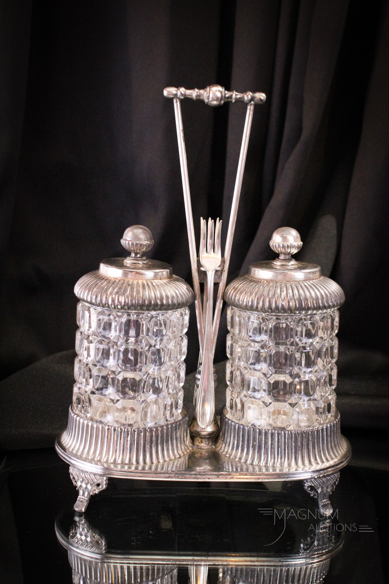 Wilcox Victorian Silverplate Double Pickle Castor: Great example of a Victorian double pickle castor. This one signed Wilcox. Great example with lots of detail. Piece measures 11" tall.