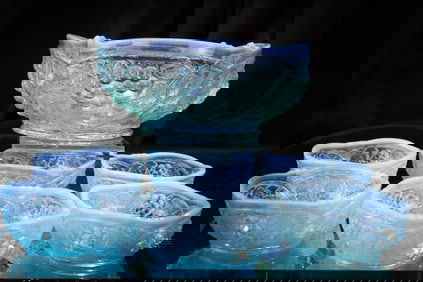 7 pc Lot U.S. Glass Palm Beach Blue Opalescent Berry Set