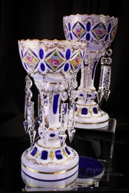 Pair of Cobalt Cut Overlay Decorated Mantle Lusters