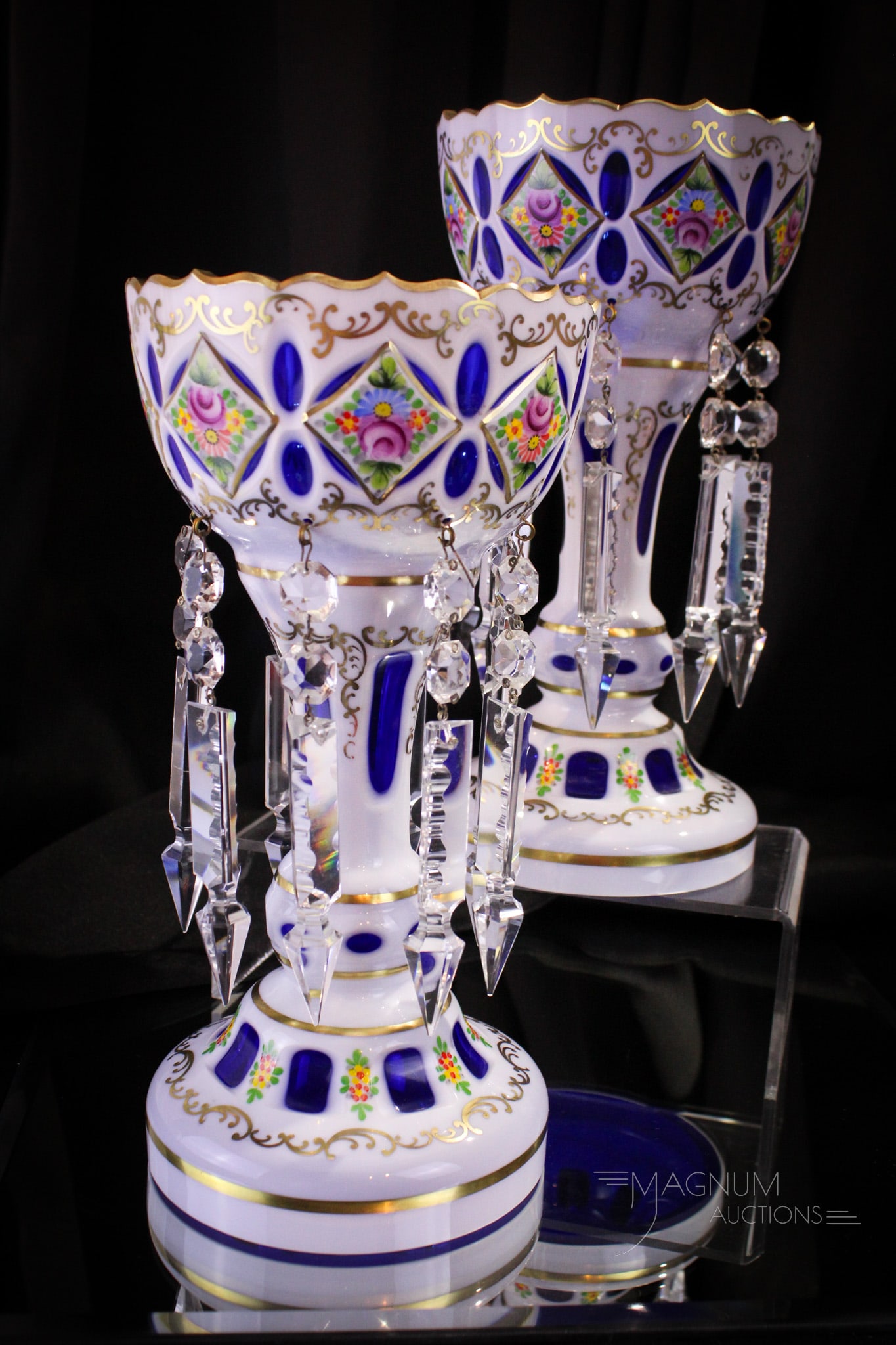 Pair of Cobalt Cut Overlay Decorated Mantle Lusters: Fine pair of Bohemian cobalt cut overlay mantle lusters. Each with beautiful enameled and gilt decoration. Each measures 10 1/4" tall.