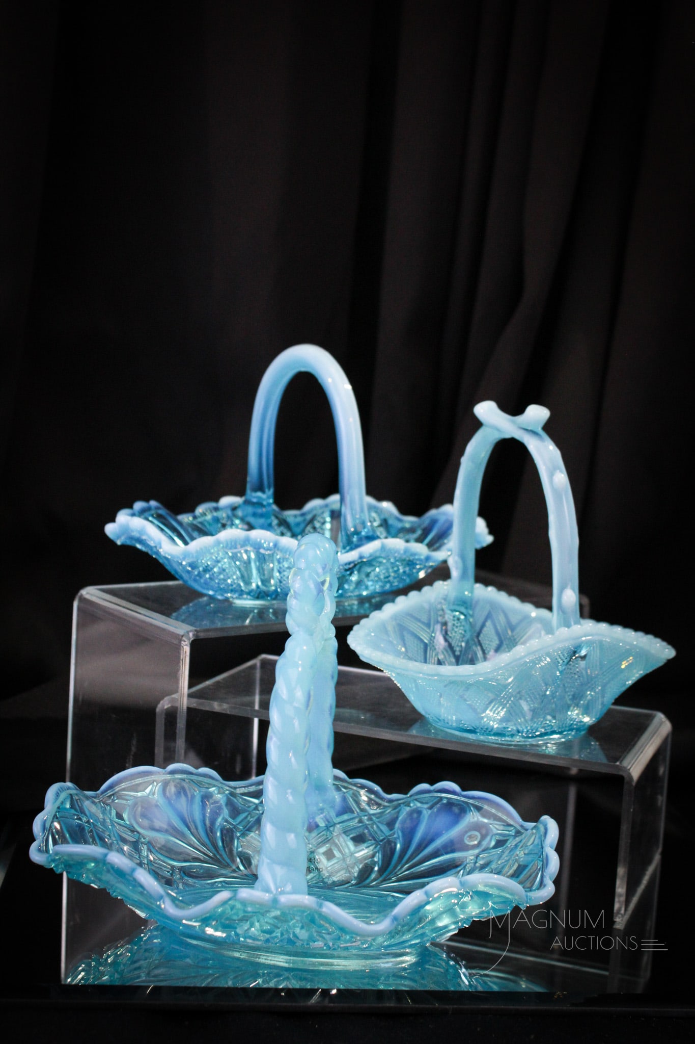 3 pc Lot Davidson Victorian Opalescent Glass Baskets: Three fine examples of Davidson Victorian opalescent glass. Lot includes an "Immitation Cut" example and two other delights. Tallest measures 6 1/2".