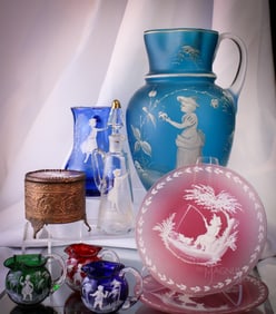 9 pc Lot Mary Gregory Style Decorated Glass