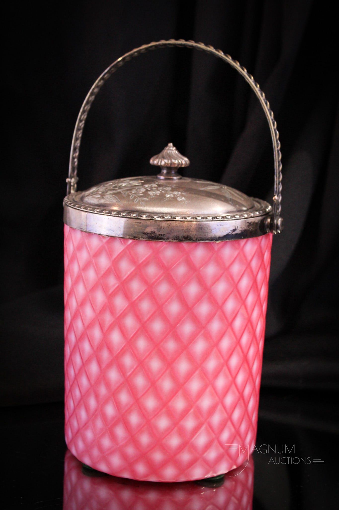 Victorian Silverplate Cut Velvet Art Glass Biscuit Jar: Gorgeous deep pink cut velvet art glass Victorian biscuit jar. This example complete with original mountings in silverplate. Very nice. Piece measures 8" tall to the finial.