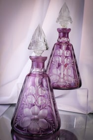 Pair of Amythest Floral Engraved Cut Glass Decanters