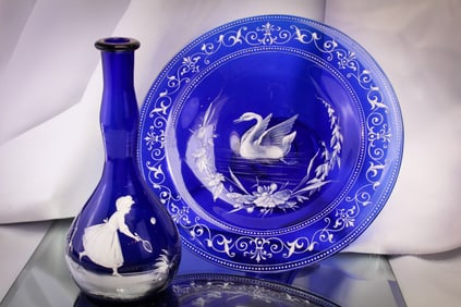 2 pc Lot Cobalt Mary Gregory Style Glass