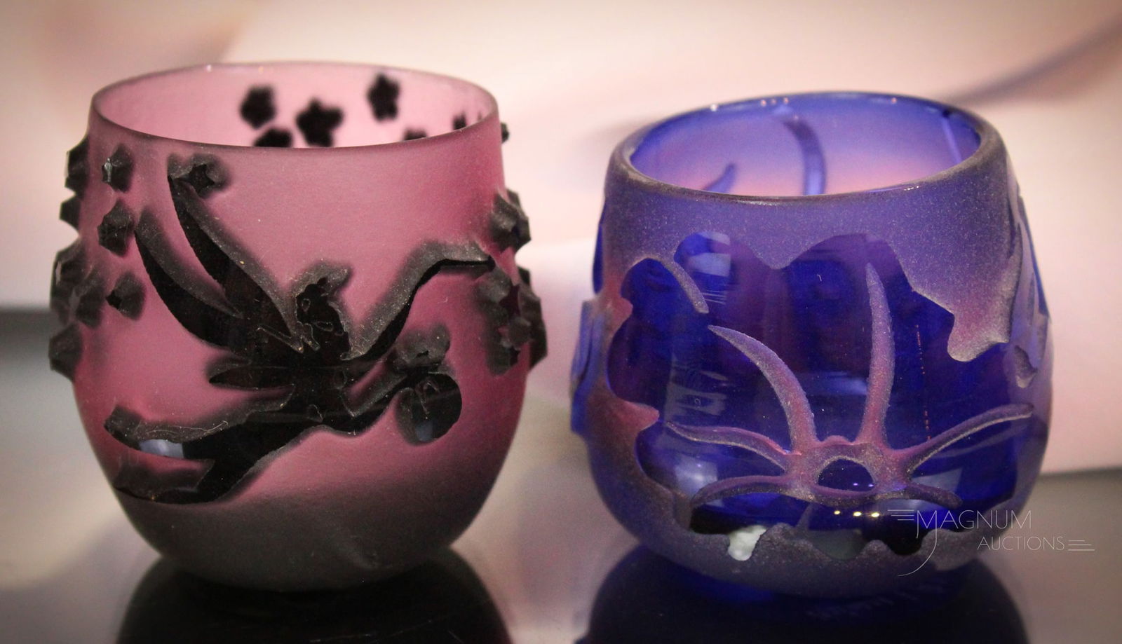 2 pc Lot Kelsey Murphy Pilgrim Art Glass Cameo Toothpick Holders: Two great examples of Kelsey Murphy for Pilgrim art glass toothpick holders in cameo glass. Tallest measures 2".