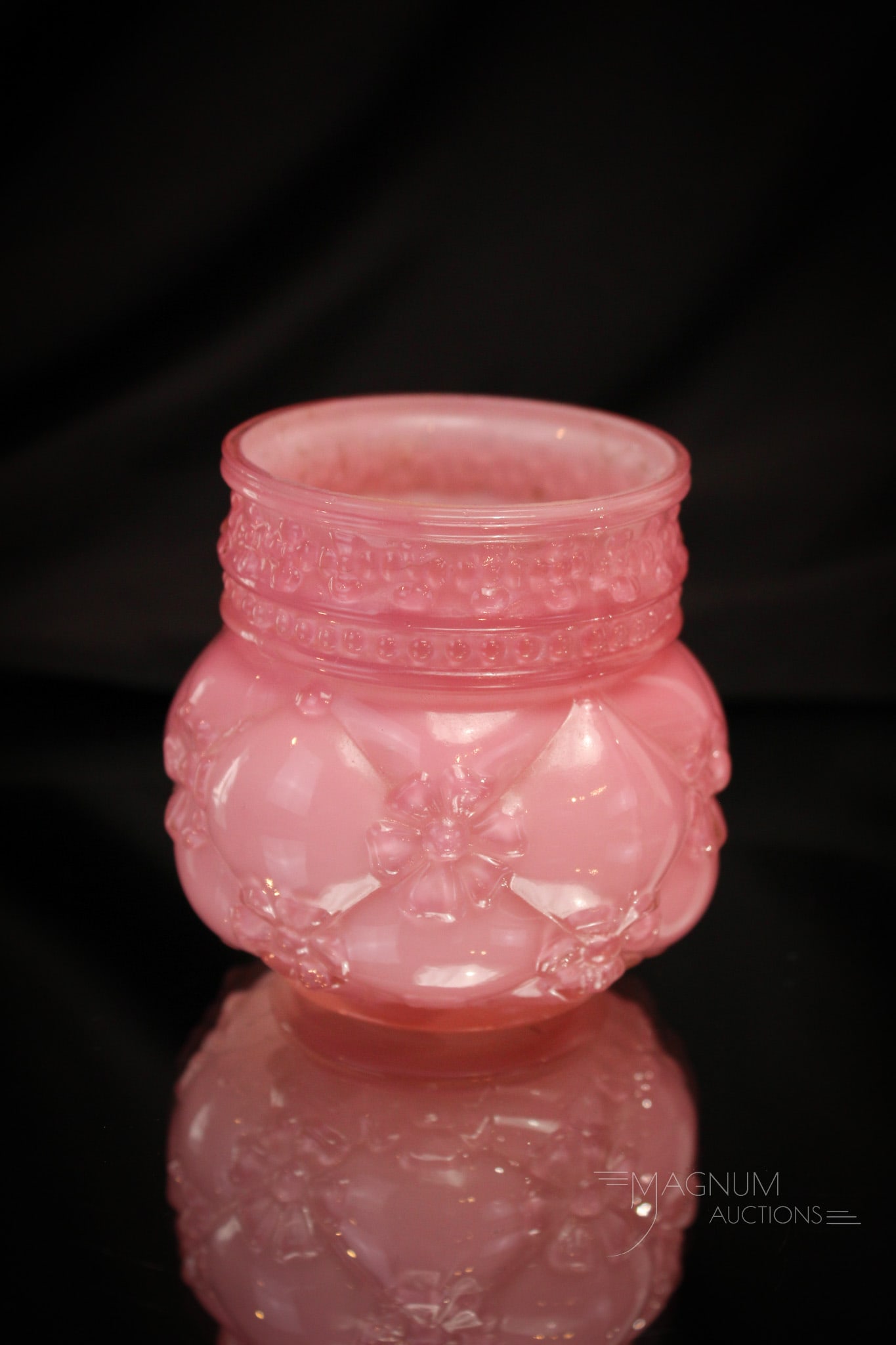 Northwood Quilted Phlox Victorian Cased Toothpick Holder: Superb example of a Northwood pink cased Quilted Phlox pattern toothpick holder. This one measures 2 1/2" tall.