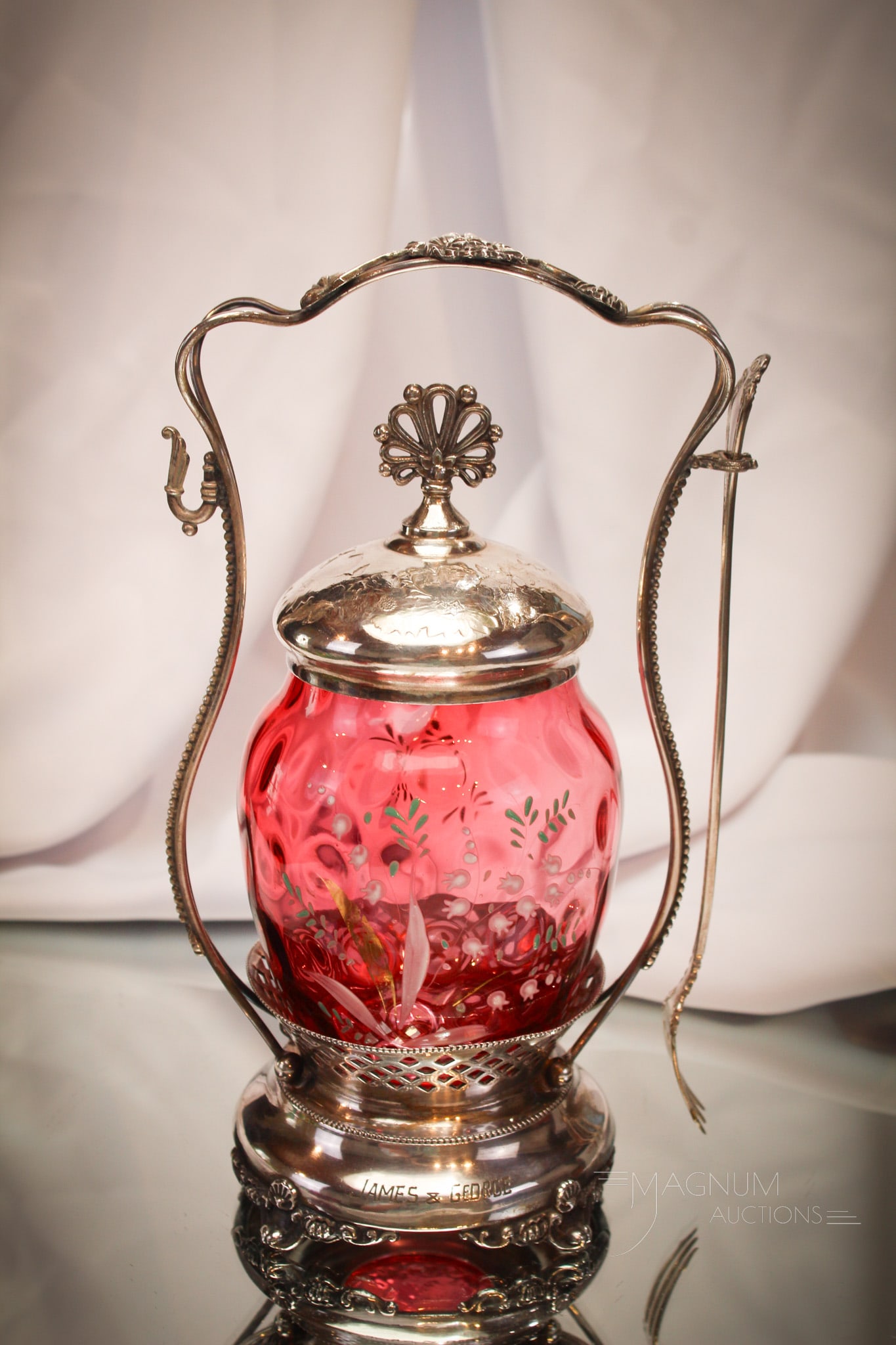 Confirmed Bachelor Engraved Victorian Hamilton Silverplate Pickle Castor: A fine offering of a signed Hamilton silverplate pickle castor complete with cranberry enameled pattern insert. James & George were the lucky recipients of this back in the Victorian era. They were th