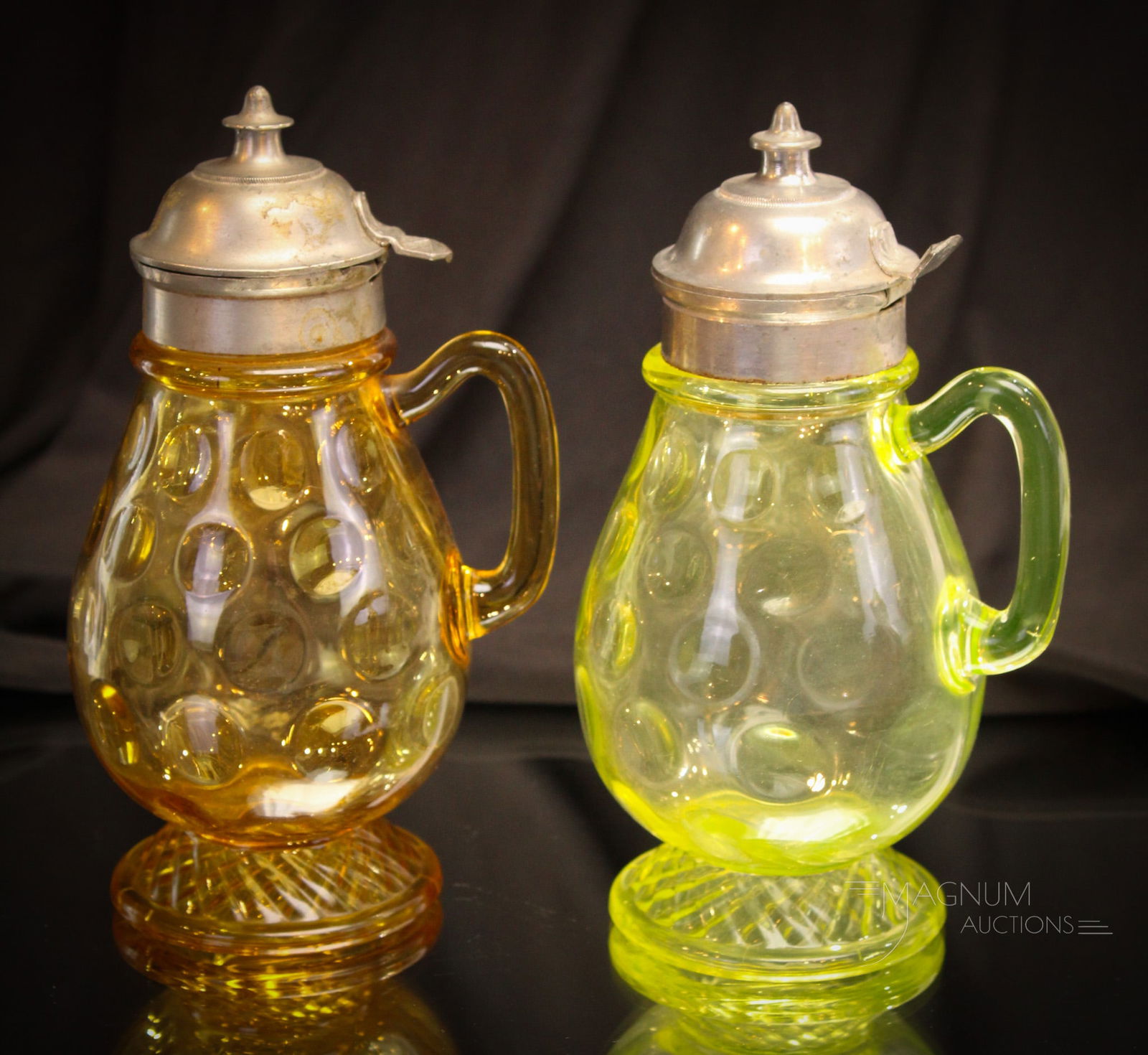 2 pc Lot Central Glass Rope & Thumbprint Victorian Glass Syrup Pitchers (1 of 14)
