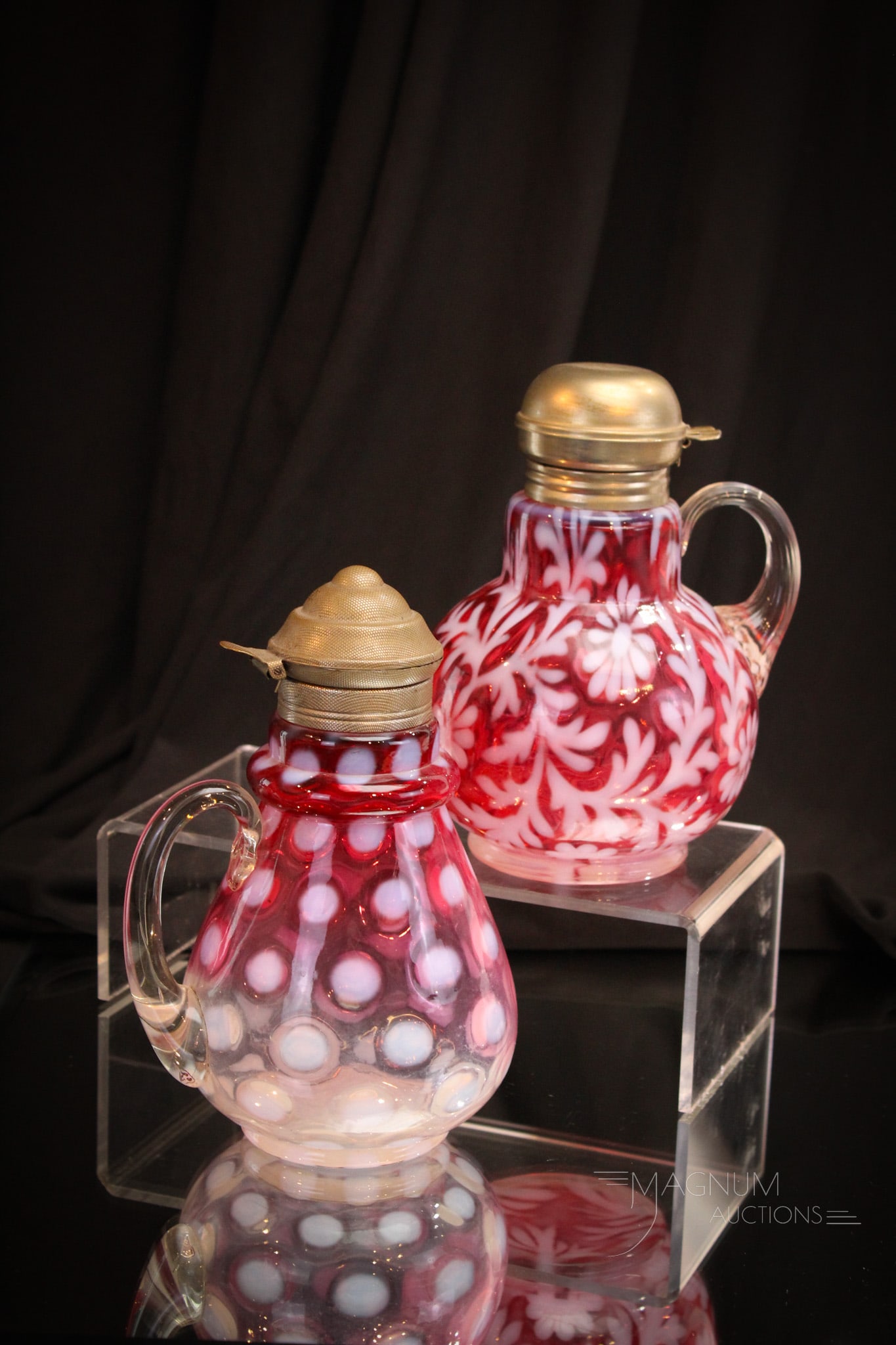 2 pc Lot Fenton & Victorian Cranberry Opalescent Glass Syrup Pitchers (1 of 11)