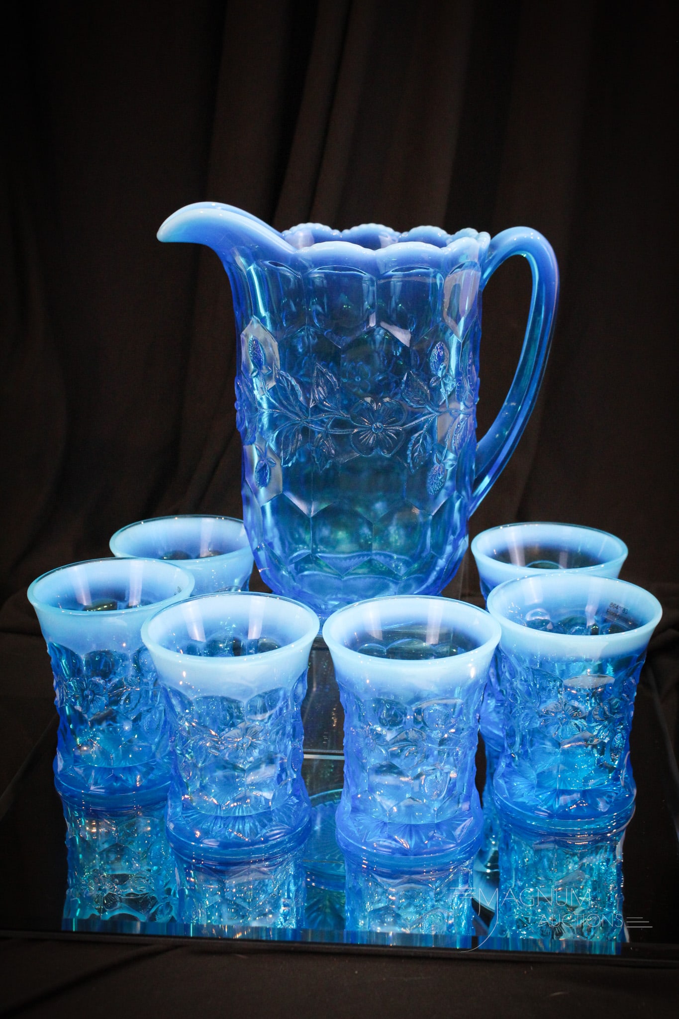 7 pc Lot Fenton Honeycomb & Clover Blue Opalescent Glass Water Set (1 of 12)