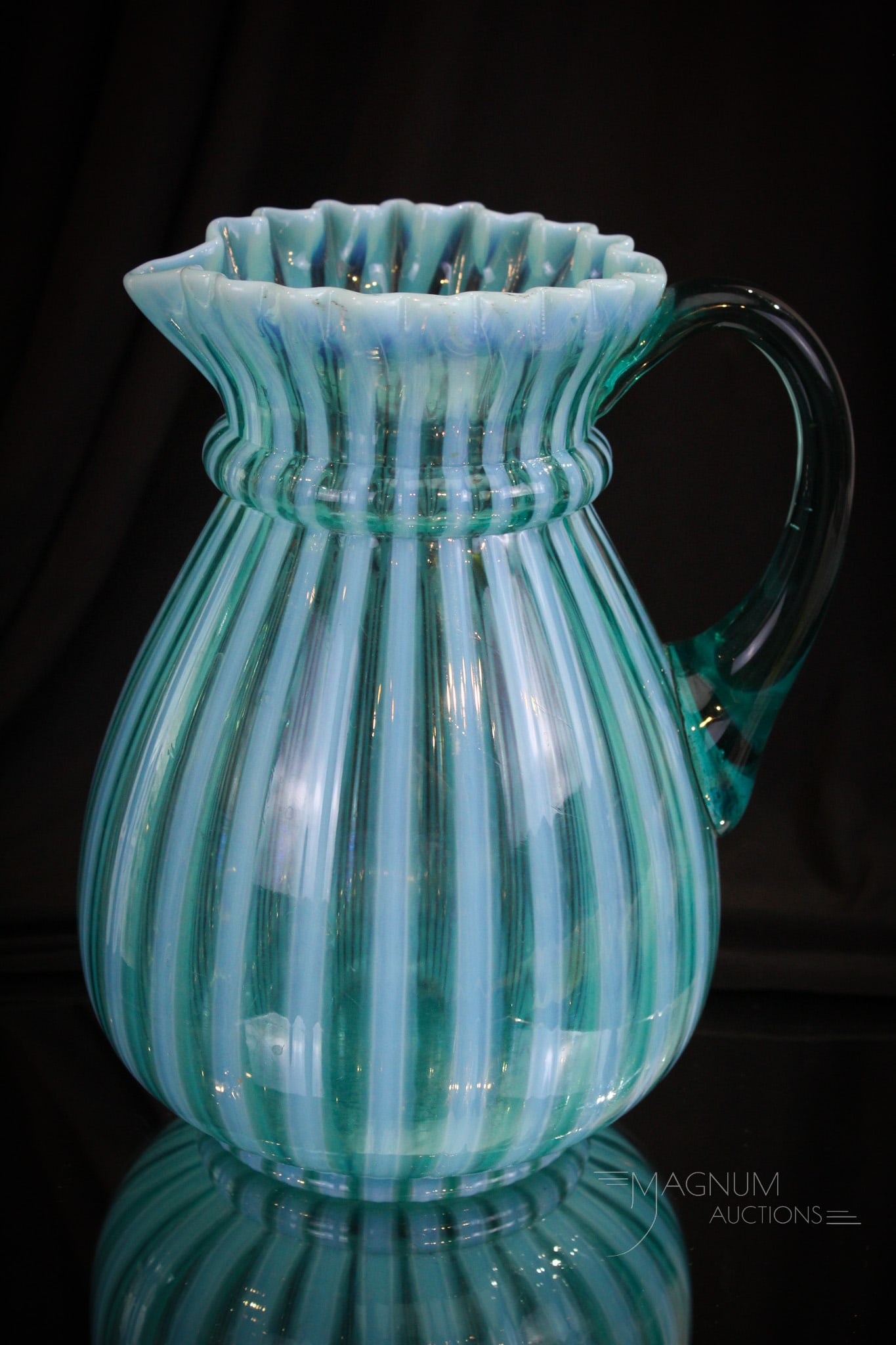 Northwood Blue Opalescent Ring Neck Stripe water Pitcher (1 of 6)