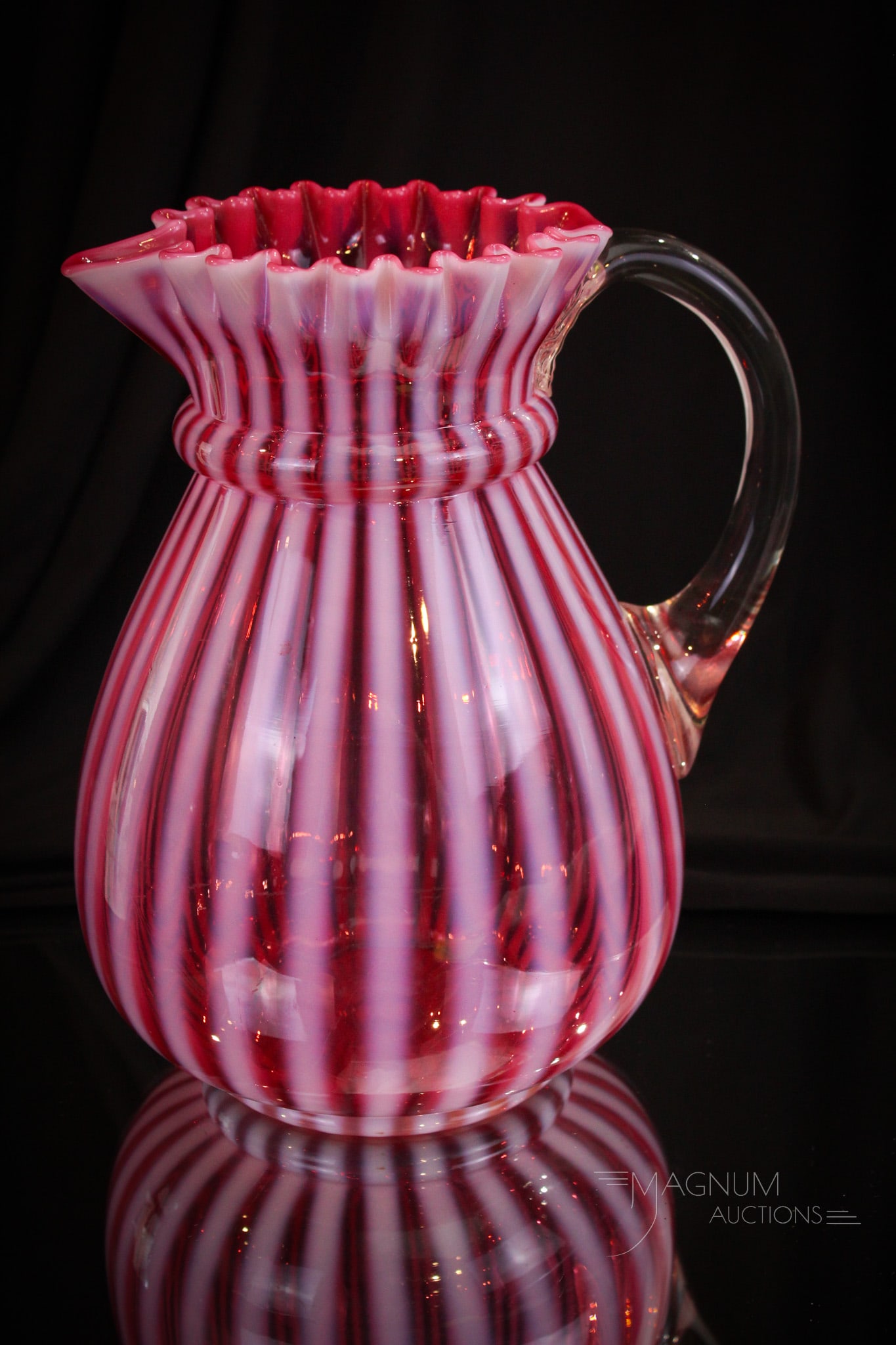 Northwood Cranberry Opalescent Ring Neck Stripe Victorian Water Pitcher (1 of 8)