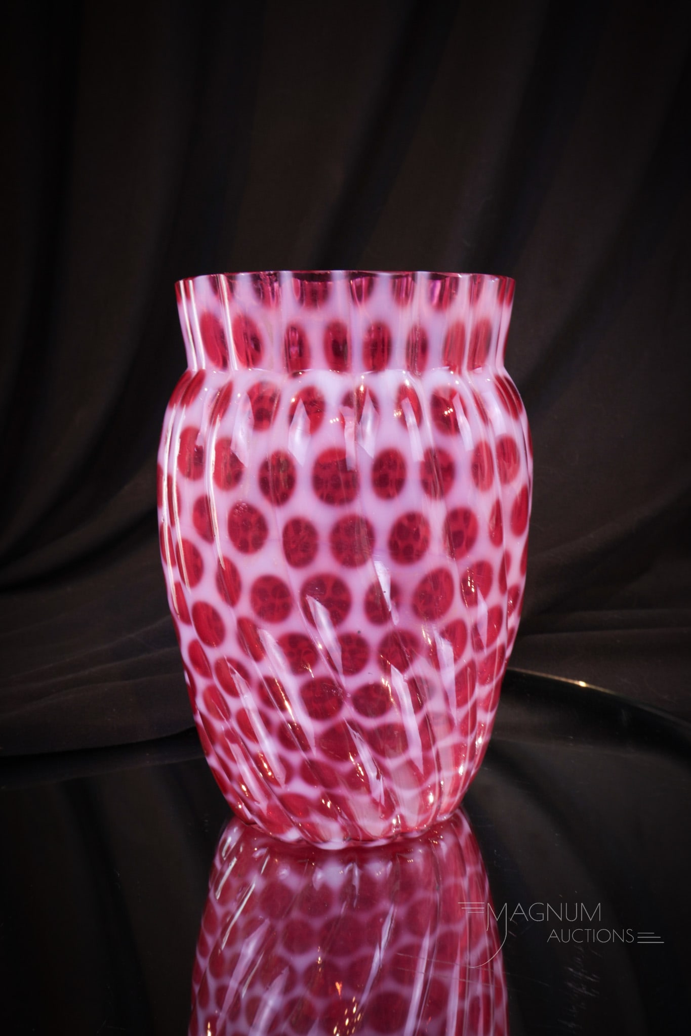 Hobb's Cranberry Opalescent Glass Windows Swirled Victorian Celery Vase (1 of 4)