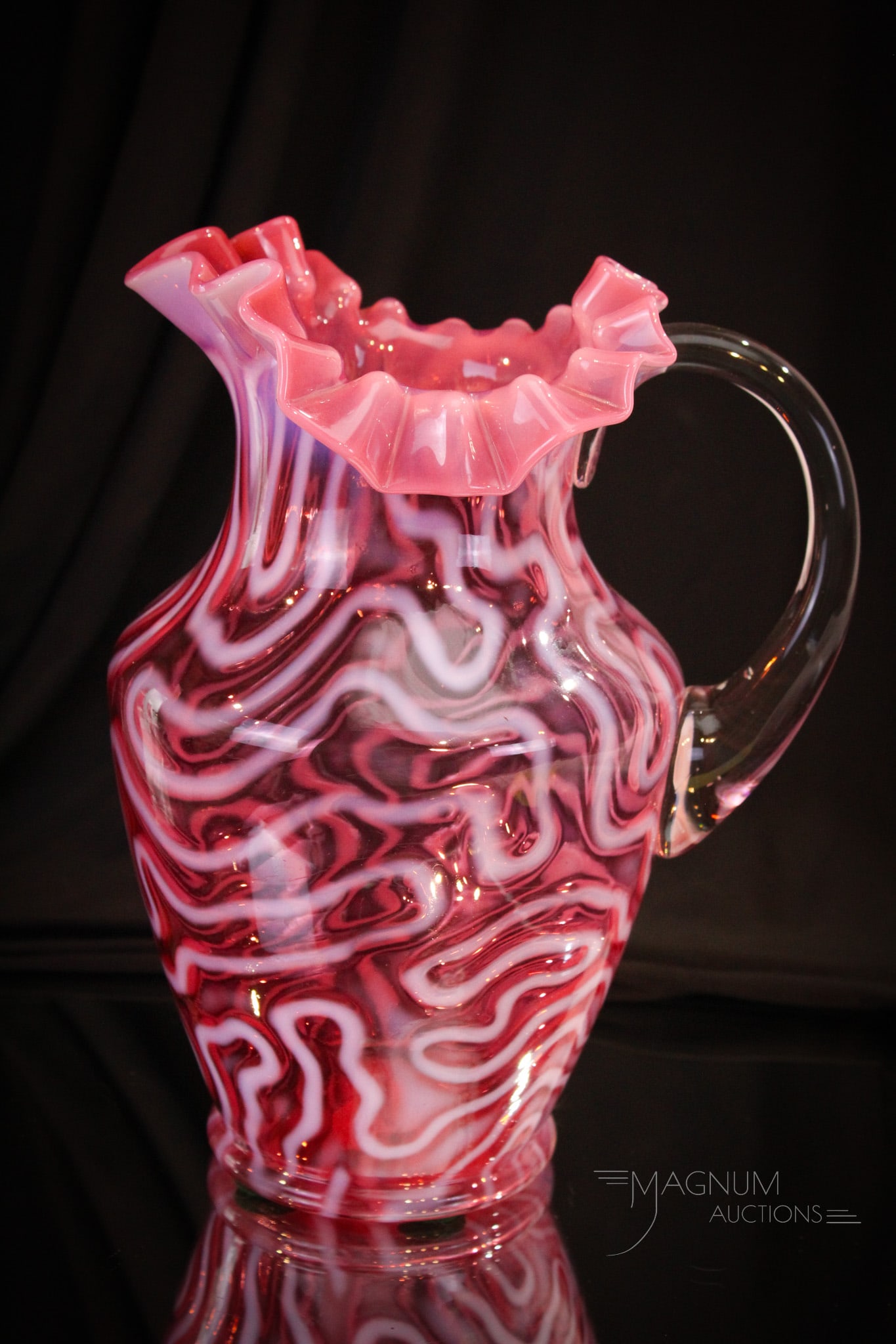 Rare Cranberry Opalescent Shoulder Mold Swirling Maze Pitcher (1 of 10)