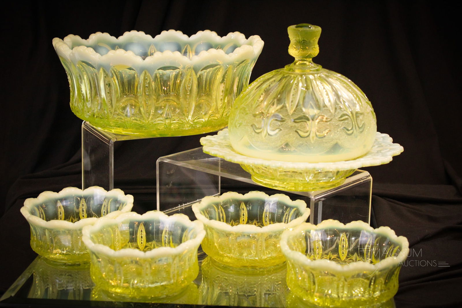 6 pc Jefferson Vaseline Opalescent Butter & Berry Set (1 of 12)