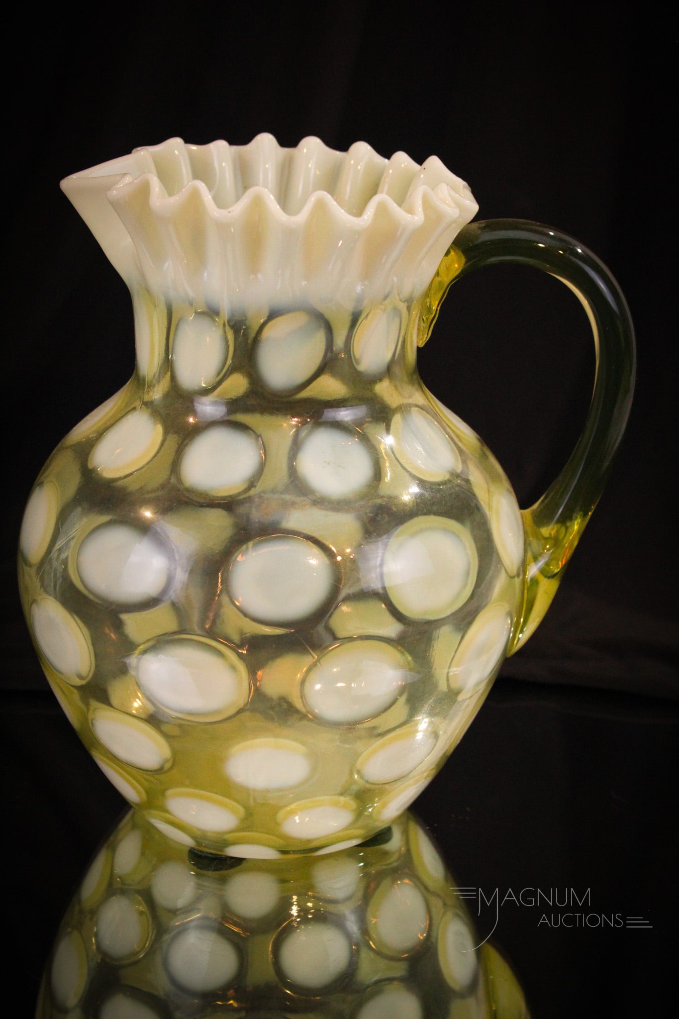 Scarce Northwood Vaseline Victorian Opalescent Coin Spot Water Pitcher: A classic form for Northwood, this pitcher is a fine example. Great vaseline coloring and strong white opalescence. This baby measures 8 1/2" tall.