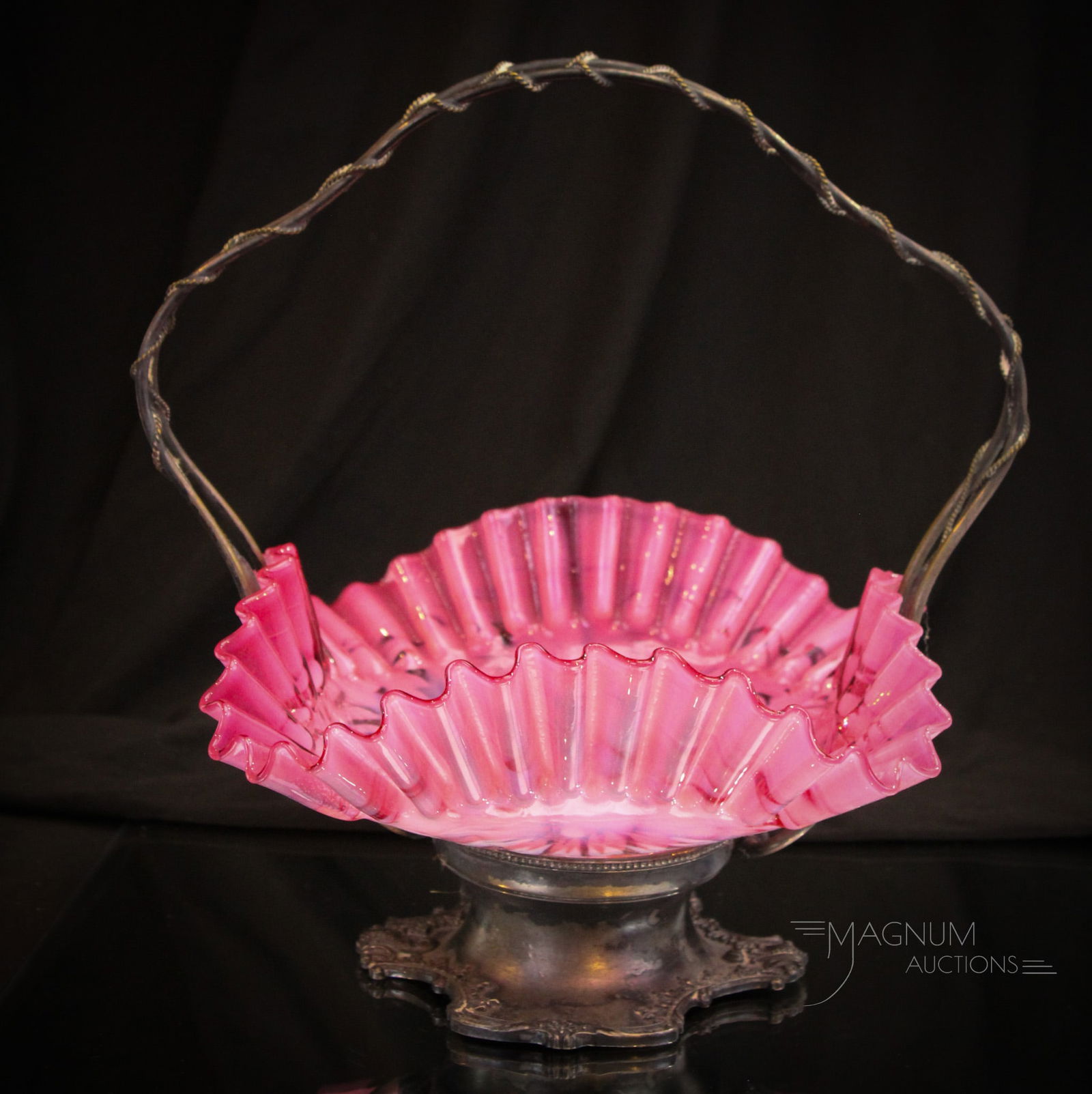 Meriden Victorian Silverplate Cranberry Opalescent Brides Basket (1 of 11)