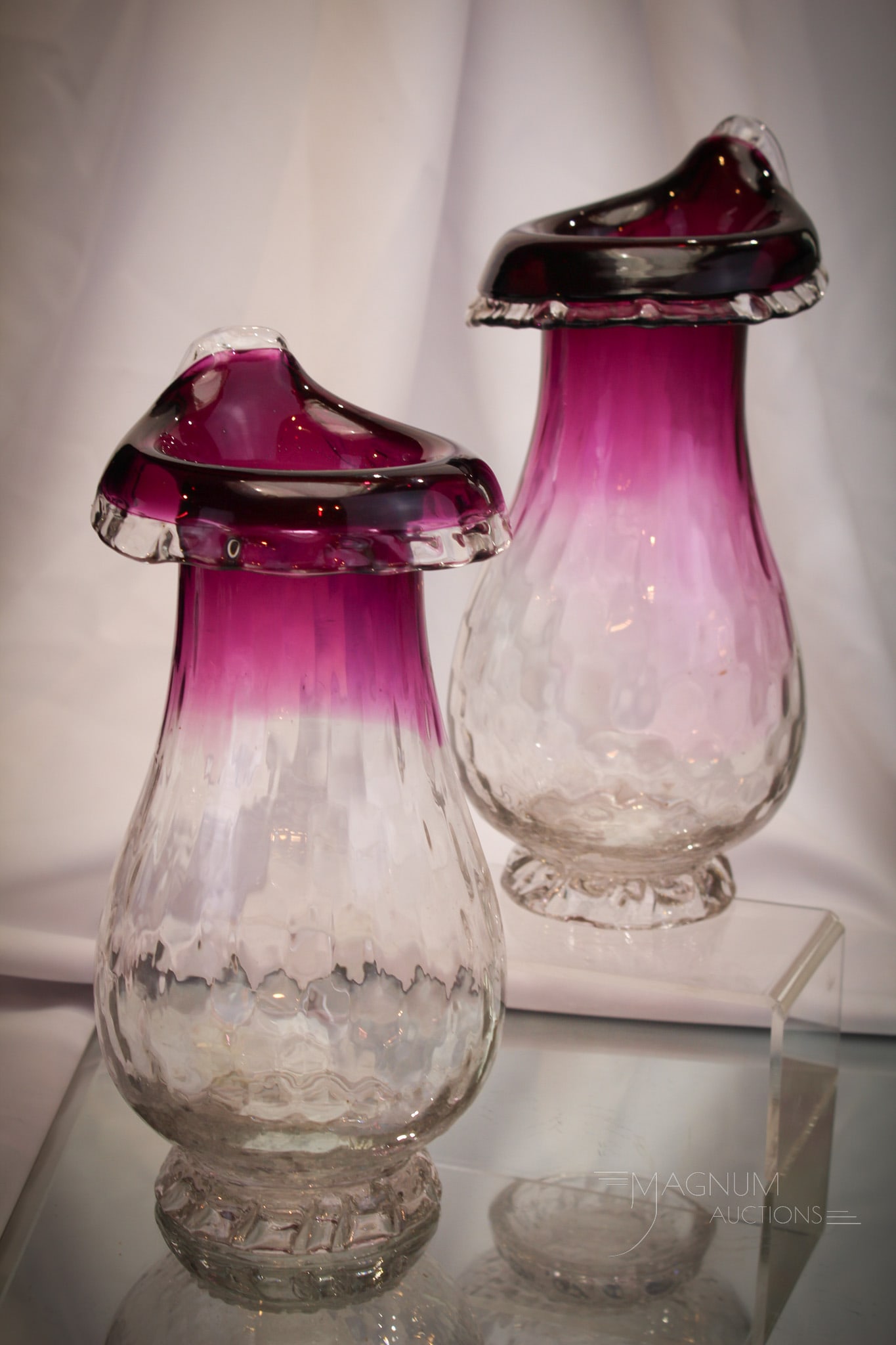 Pair 11" Amythest Victorian Glass Mantle vases: Beautiful amythest ombre' shaded coloring to this pair of Victorian glass Jack in the Pulpit topped vases. Each with honeycomb optic pattern to the glass. Fine examples.