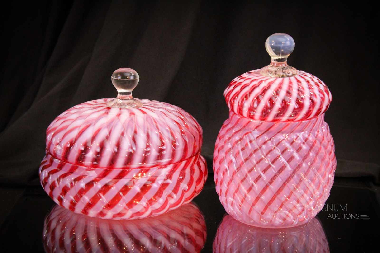 Cranberry Opalescent Reverse Swirl Victorian Glass Butter & Sugar (1 of 16)