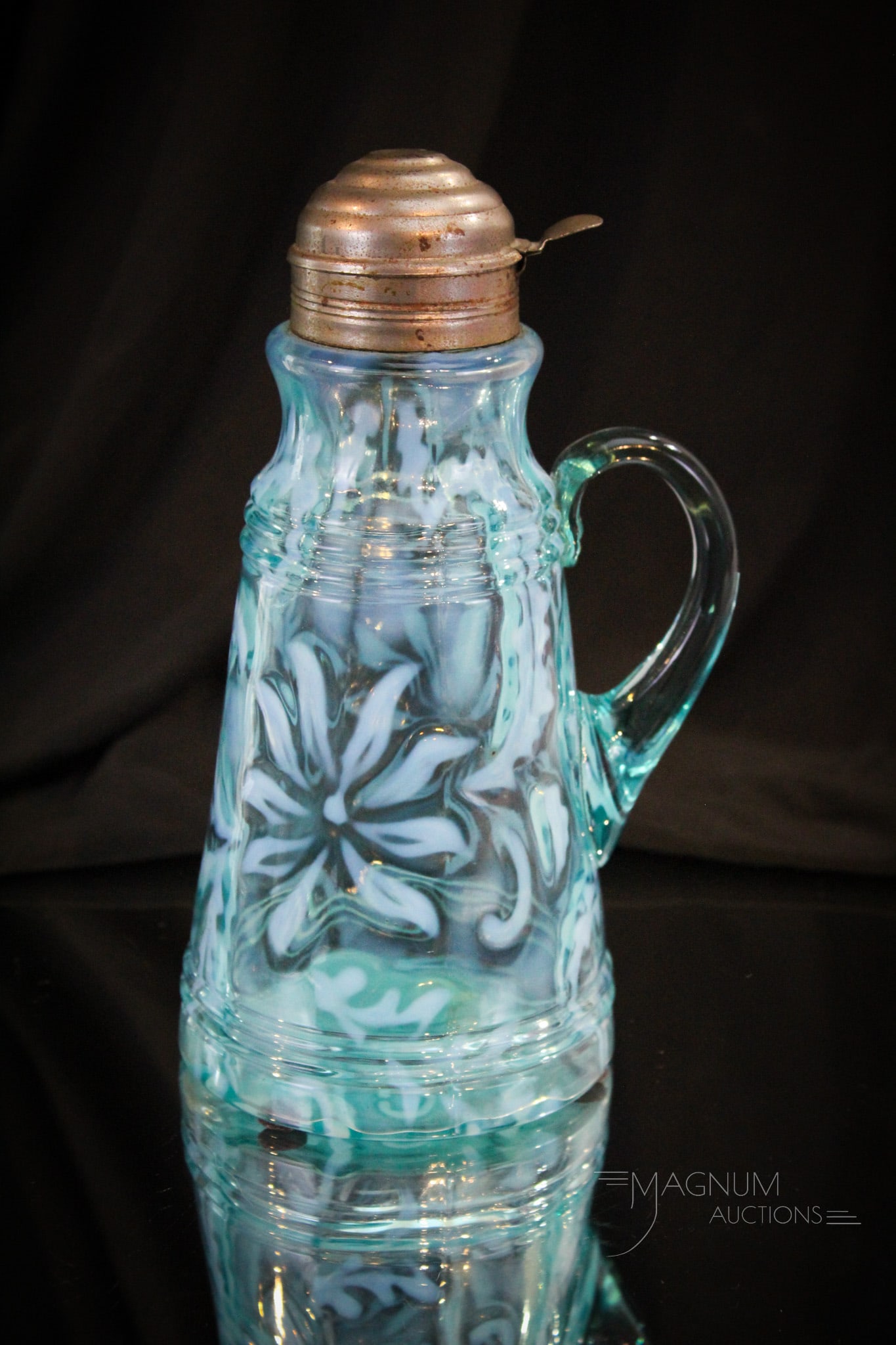 Scarce Northwood Blue Opalescent Poinsettia Victorian Glass Syrup Pitcher (1 of 9)
