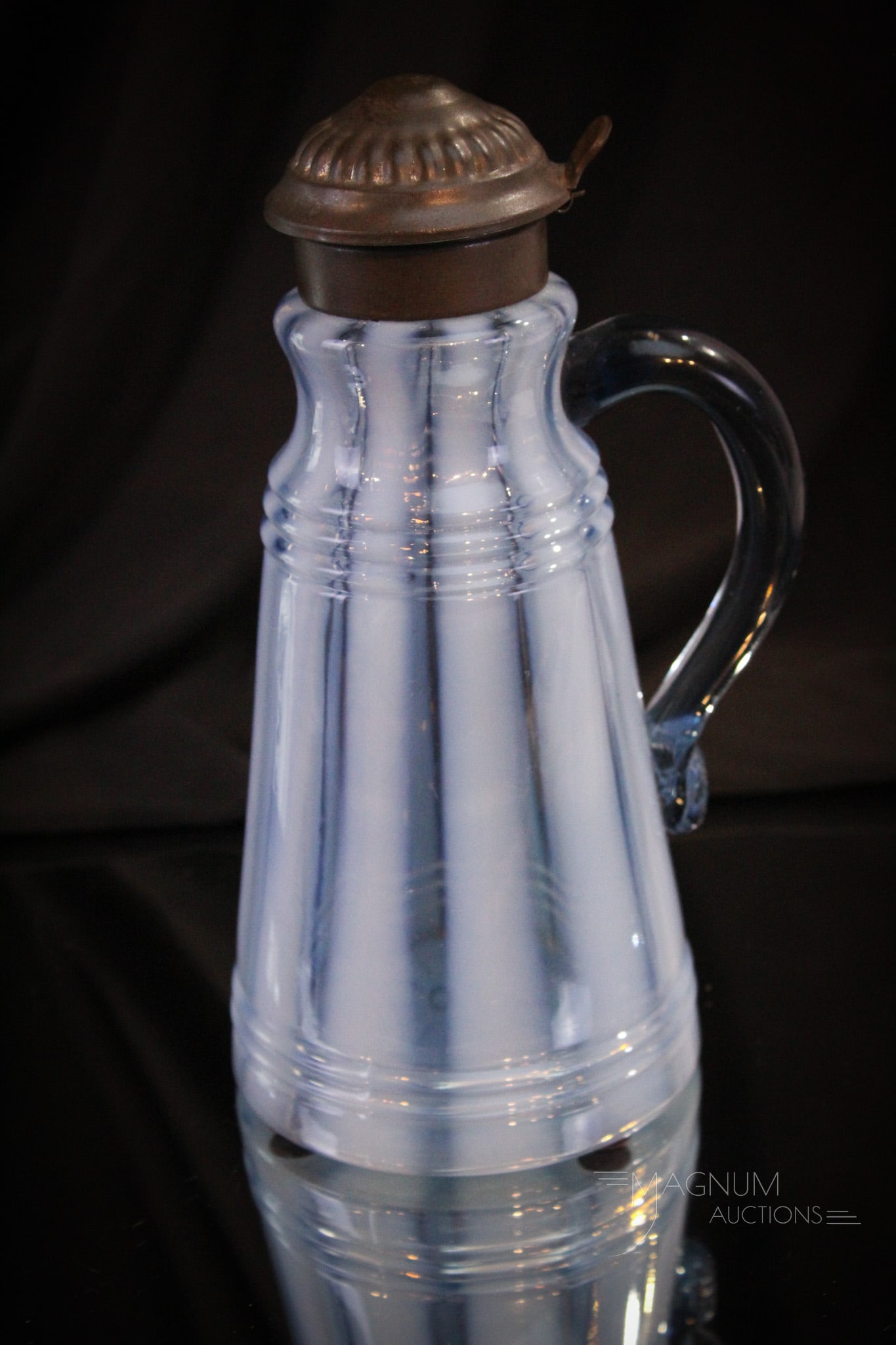 Scarce Blue Opalescent Wide Stripe Victorian Glass Syrup Pitcher (1 of 10)