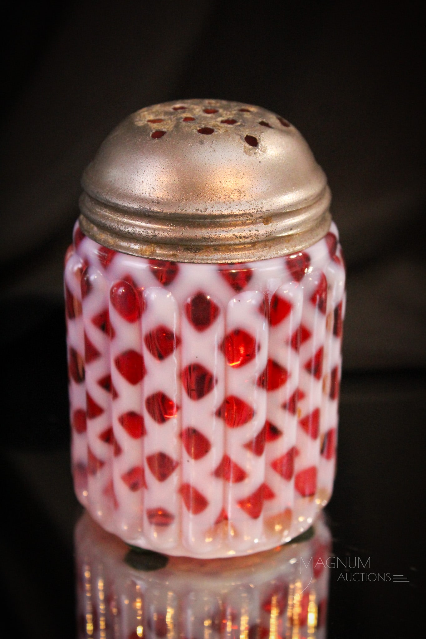 Scarce Northwood Ribbed Lattice Cranberry Opalescent Short Sugar Shaker (1 of 6)