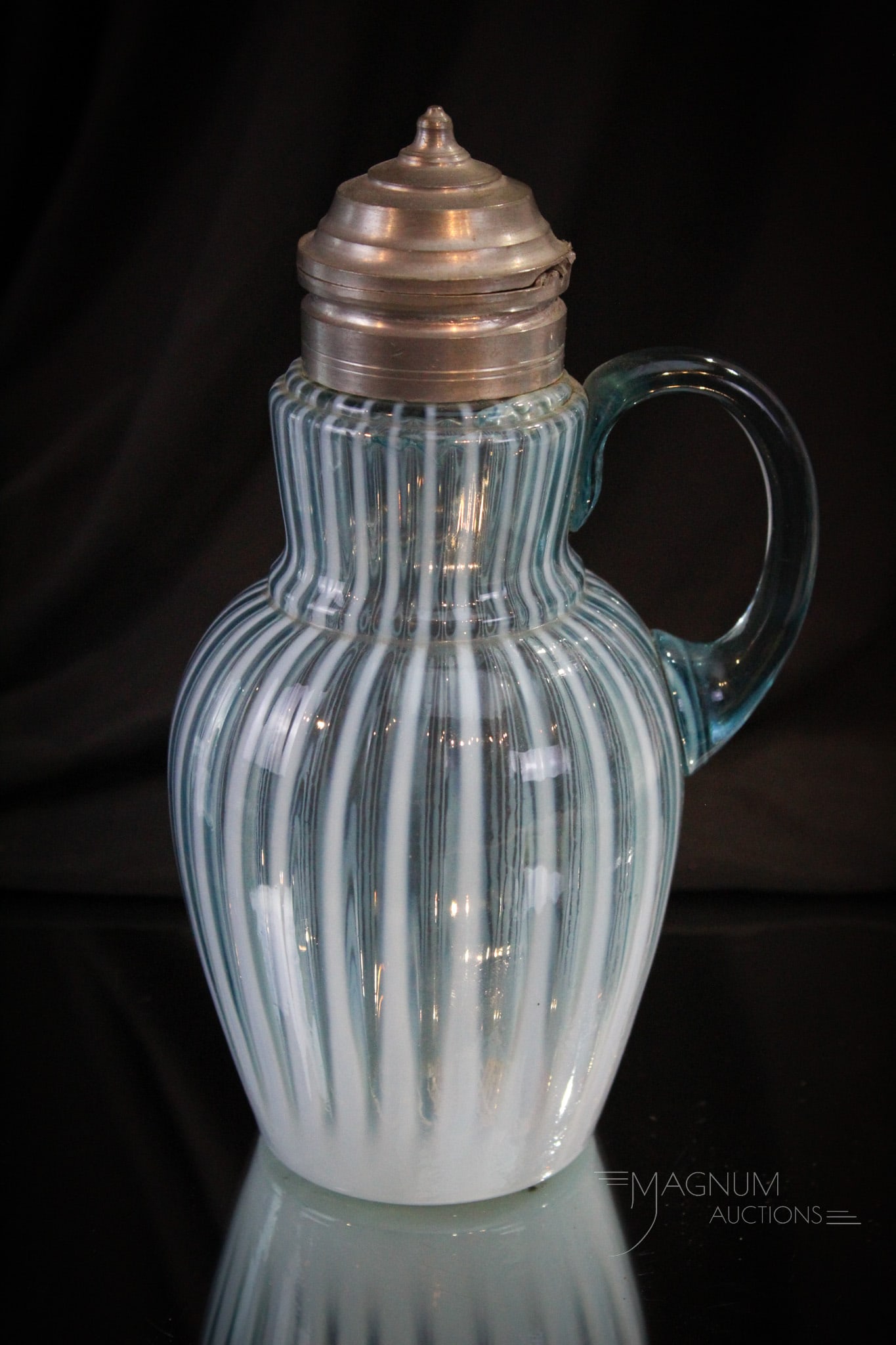 Victorian Blue Opalescent Narrow Stripe Glass Syrup Pitcher (1 of 7)