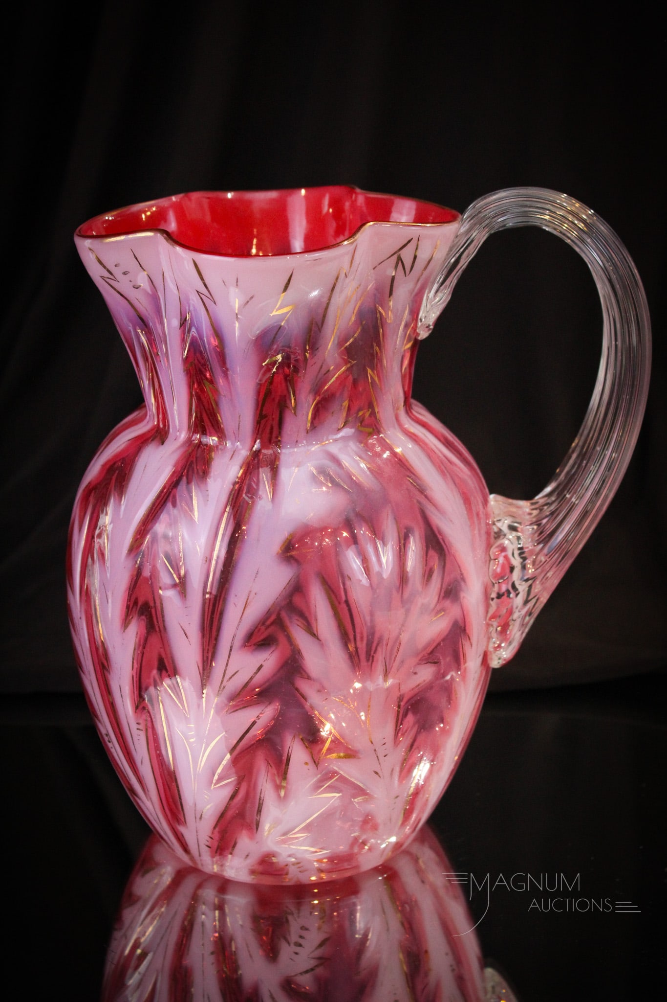 Rare Gilt Cranberry Opalescent Scottish Moor Victorian Glass Pitcher (1 of 7)