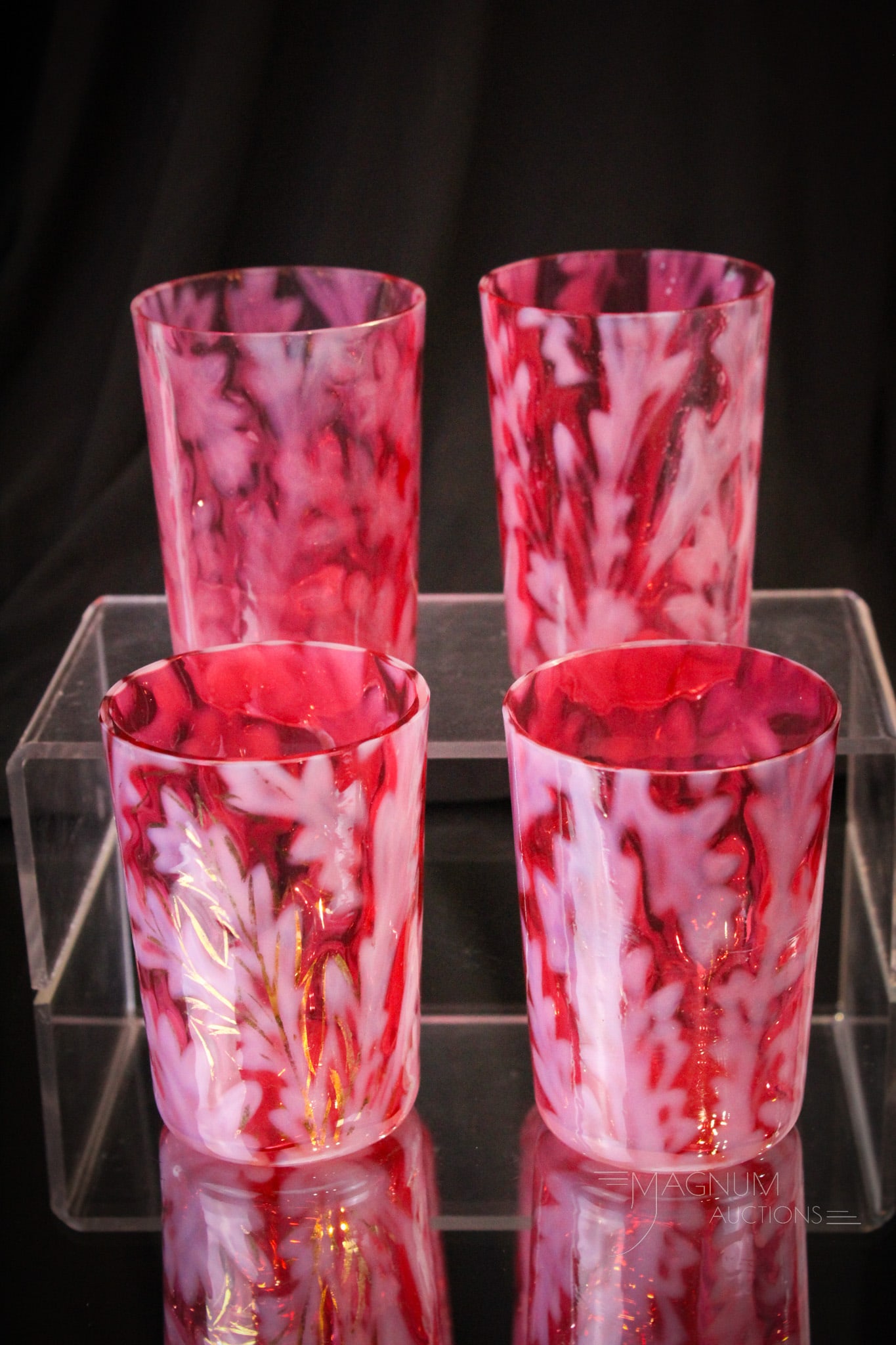 Rare 4 pc Lot Cranberry Opalescent Scottish Moor Victorian Glass Tumblers (1 of 9)