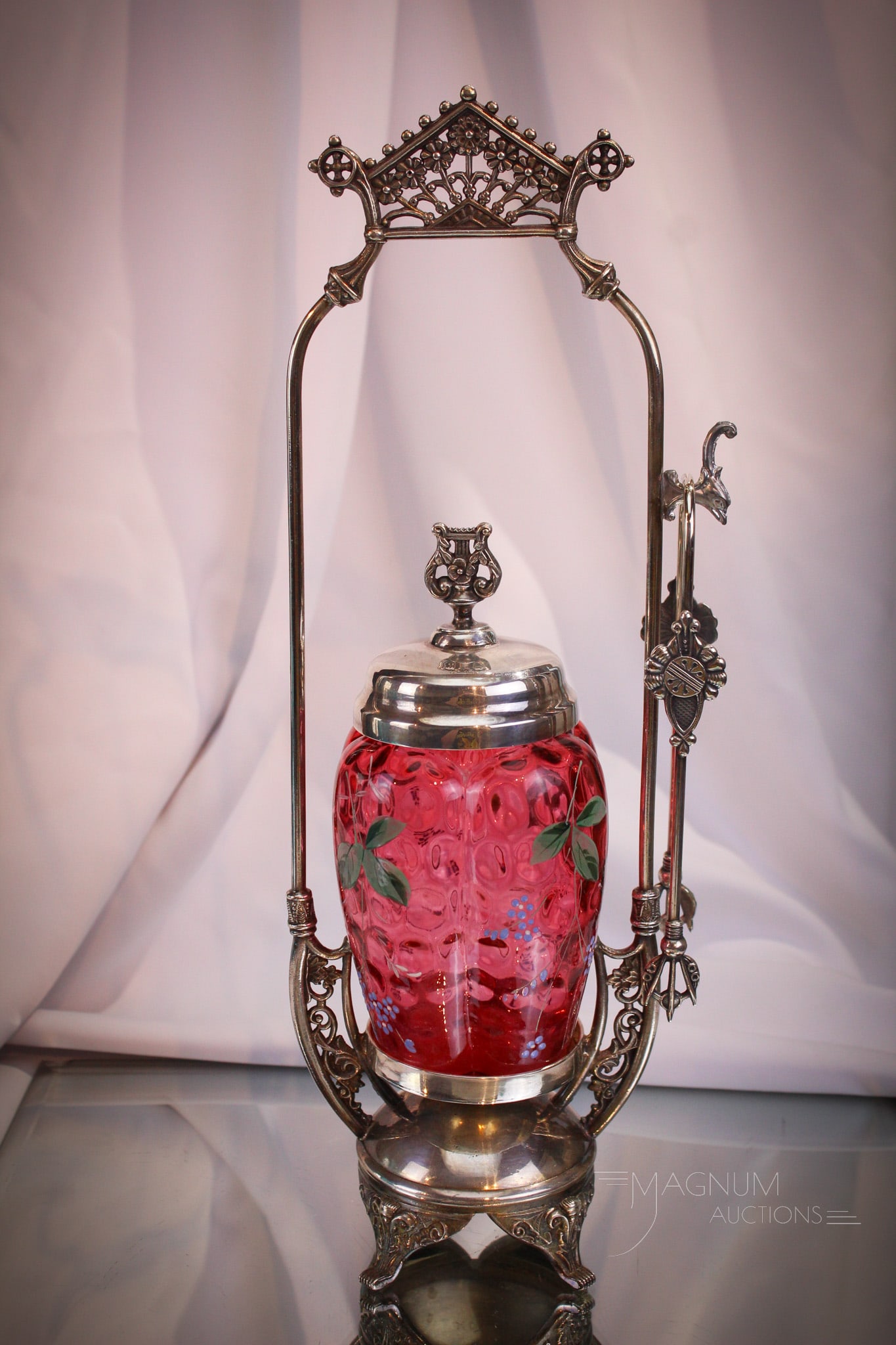 Signed Pelton Bros. Victorian Silverplate Cranberry Enameled Pickle Castor (1 of 10)