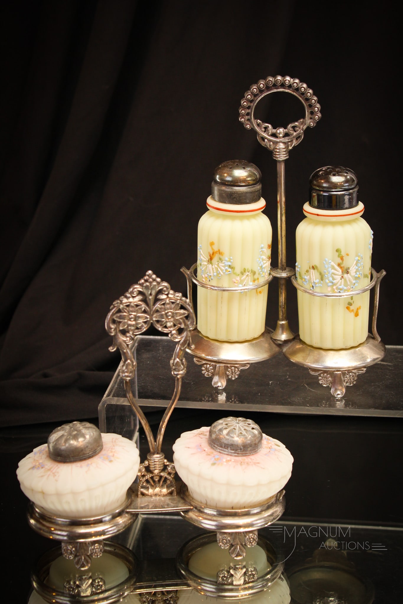 2 pc Lot Victorian Glass Shaker Sets Meriden & Toronto Silverplate (1 of 7)