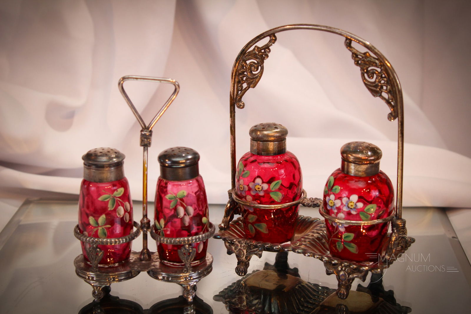 2 pc Lot Victorian Cranberry Glass Salt Shaker Set in Silverplate (1 of 16)