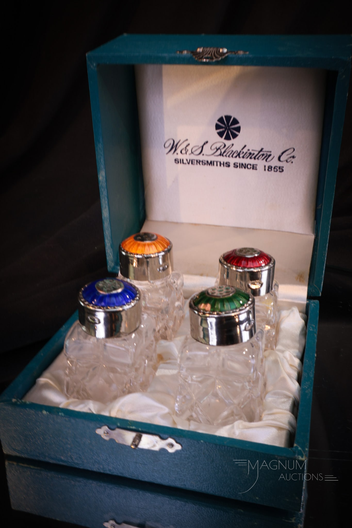 W & S Blackington Silverplate & Guilloche Enameled Shaker Set in Box (1 of 7)