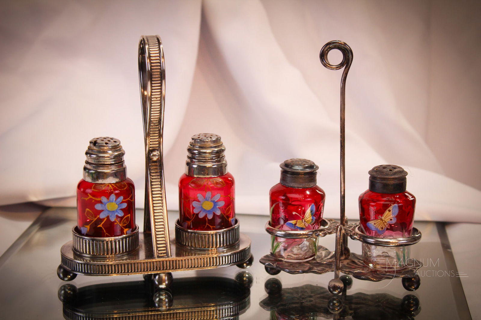 2 pc Lot Cranberry Enameled Victorian Glass & Silverplate Shaker Sets (1 of 10)