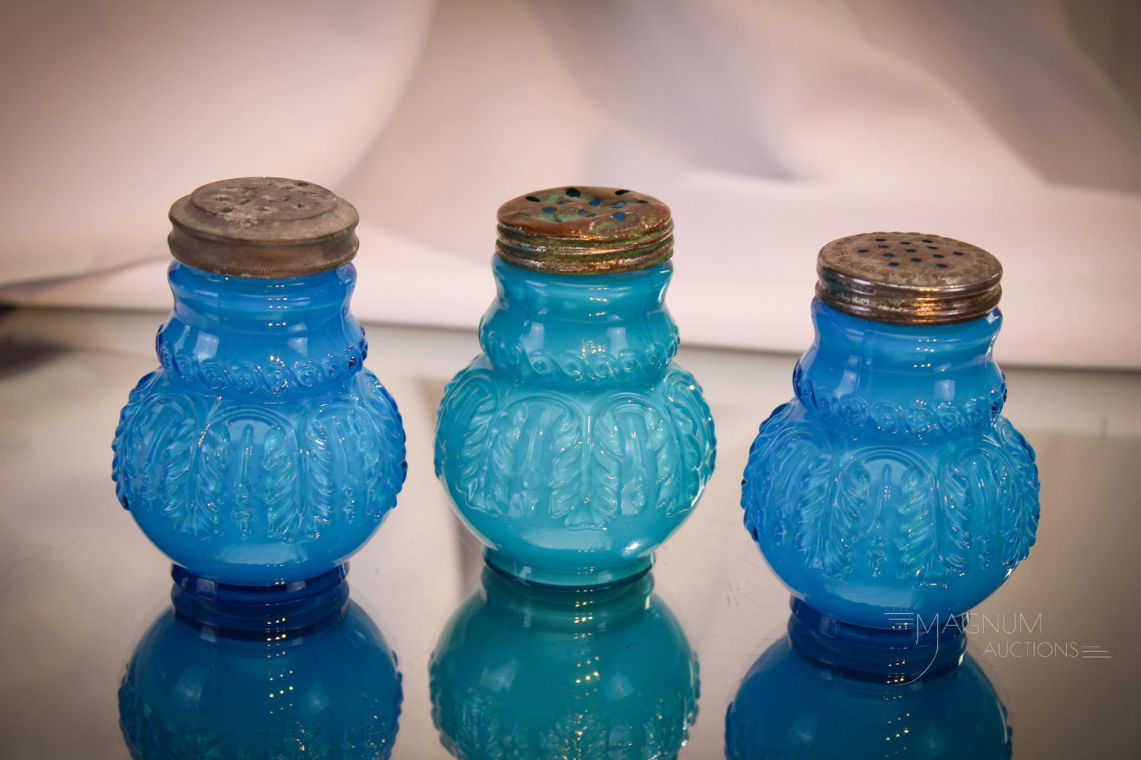 3 pc Lot Victorian Northwood Leaf Umbrella Blue Cased Glass Shakers (1 of 5)